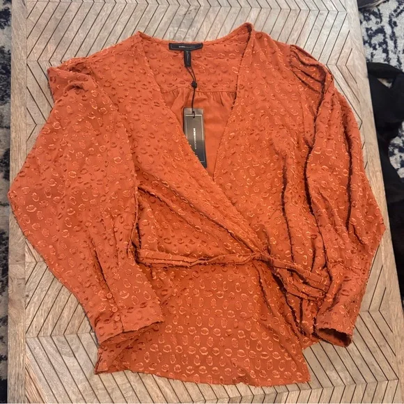 NWT BCBGMaxAzria Terracotta Textured Wrap Blouse - Picture 9 of 10